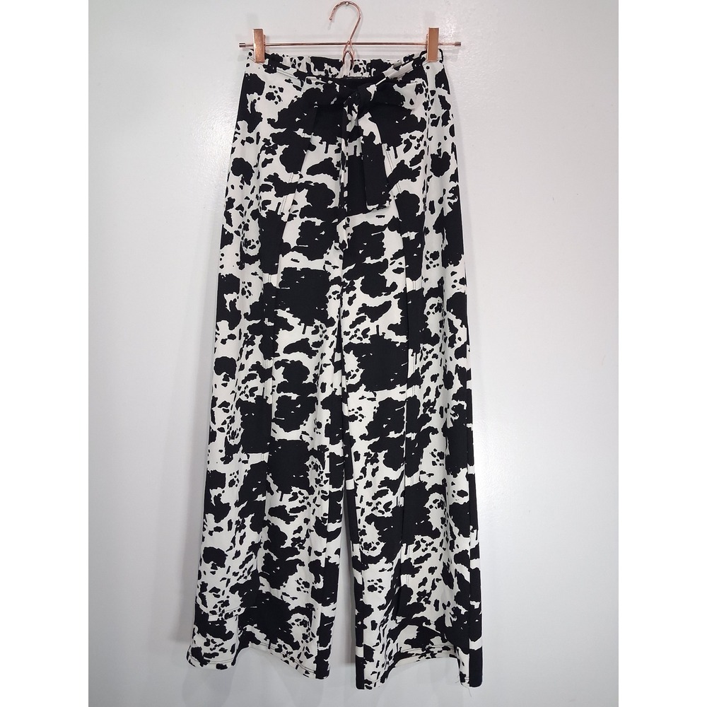 Park Avenue Womens Cow Print Wide Leg Pants Black White High Waist Tie Belt M